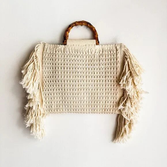 Zara Ivory Cream Crochet Woven Faux Bamboo Handle Tote Bag - Picture 2 of 7